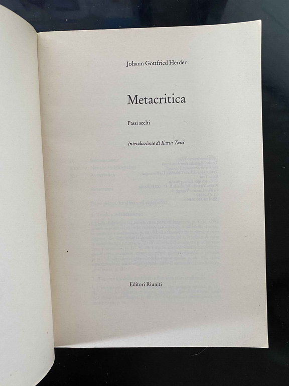 Metacritica, Johann Gottfried Herder, 1993, Editori Riuniti