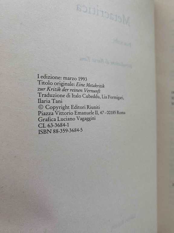 Metacritica, Johann Gottfried Herder, 1993, Editori Riuniti