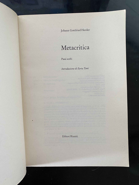 Metacritica, Johann Gottfried Herder, 1993, Editori Riuniti MOLTO RARO