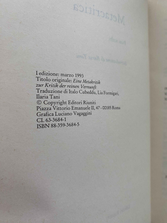 Metacritica, Johann Gottfried Herder, 1993, Editori Riuniti MOLTO RARO