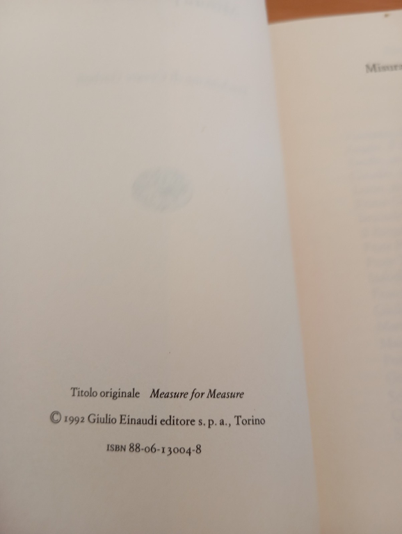 Misura per misura, W. Shakespeare, Traduzione di Cesare Garboli, Einaudi, …