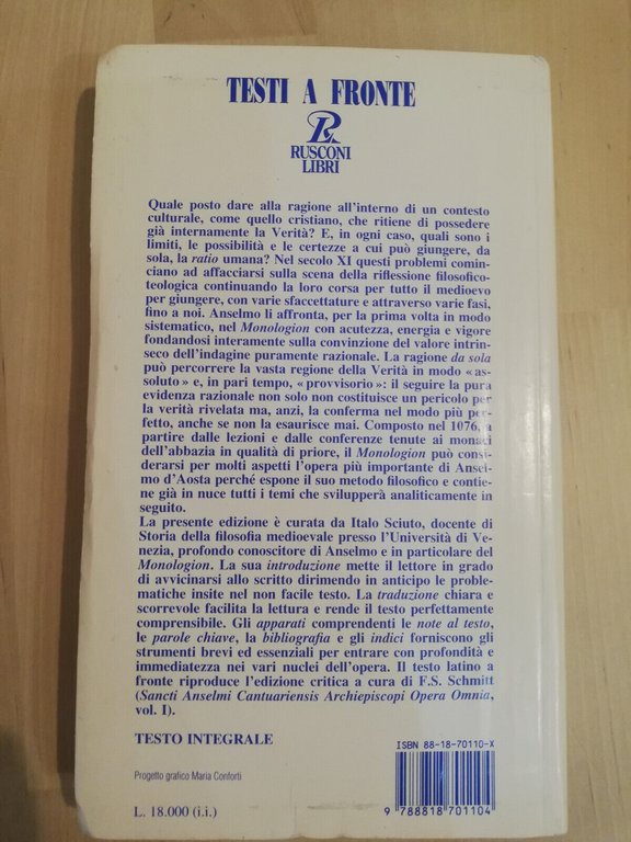 Monologion, Anselmo d'Aosta, Testo latino a fronte, Rusconi, 1995