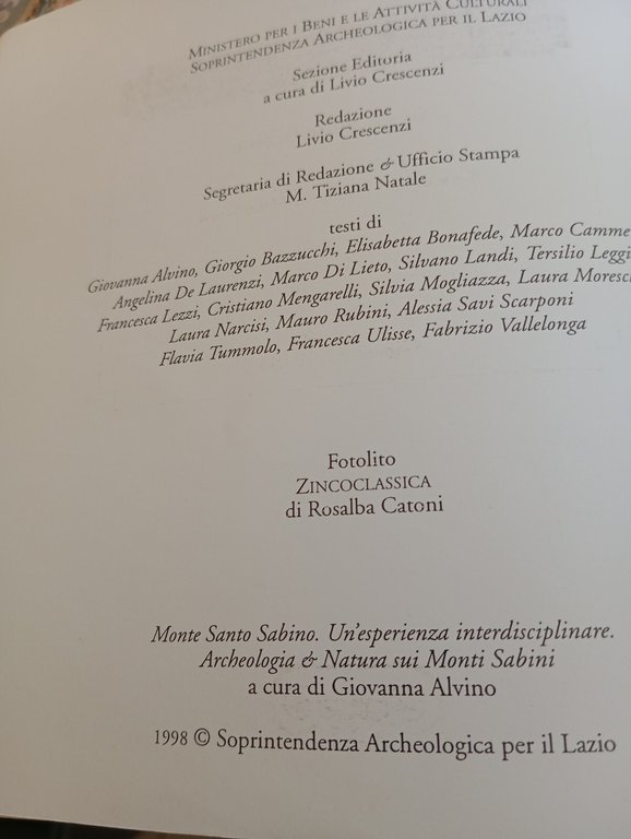 Monte Santo Sabino, Un'esperienza interdisciplinare, Giovanna Alvino, 1998