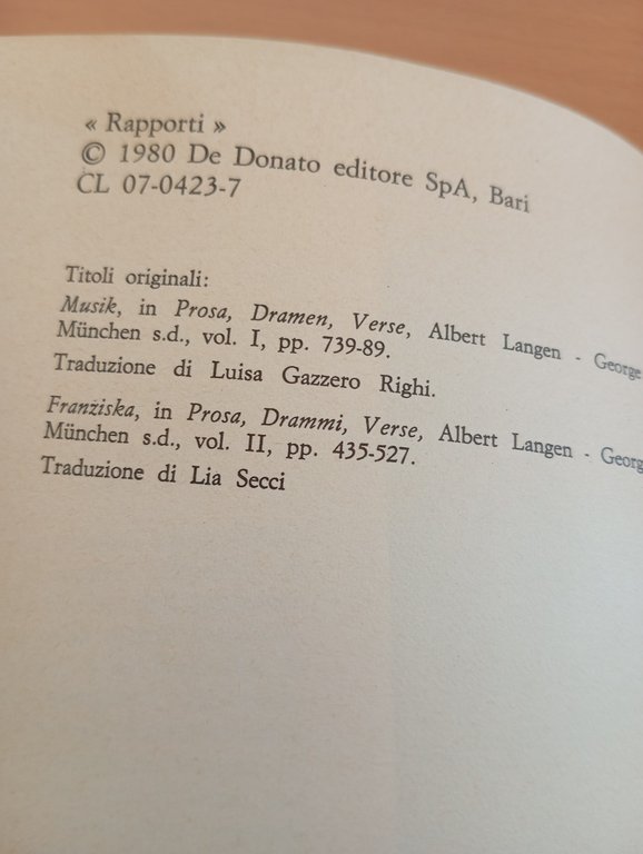 Musik Franziska, Frank Wedekind, De Donato, 1980