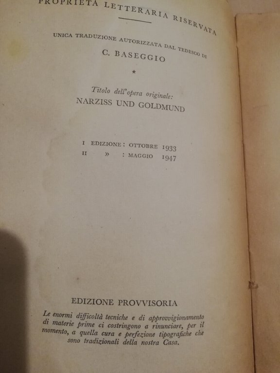 Narciso e Boccadoro, Hermann Hesse, 1947, 2 edizione, Medusa, per …