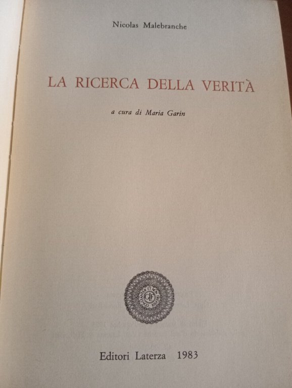 Nicolas Malebranche, La ricerca della verit, Laterza, 1983, LEGGI DESCRIZIONE