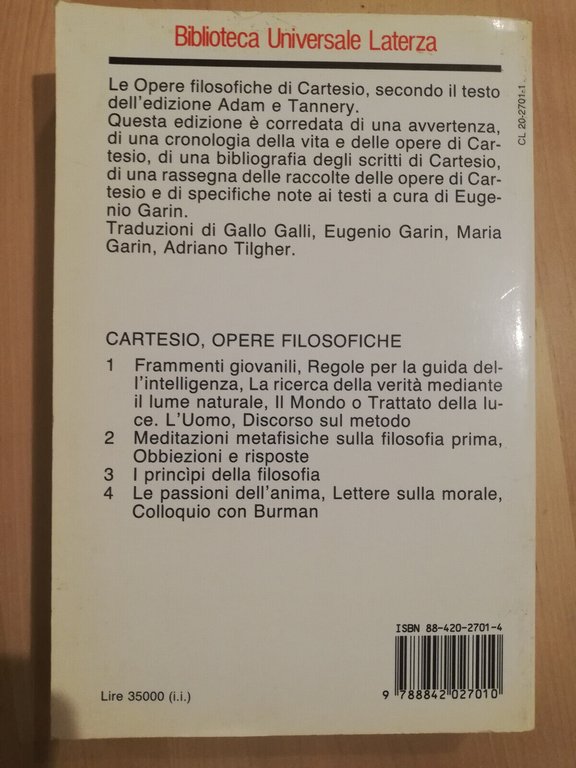 Opere filosofiche, vol. 2. Meditazioni metafisiche, Cartesio, 1994, Laterza