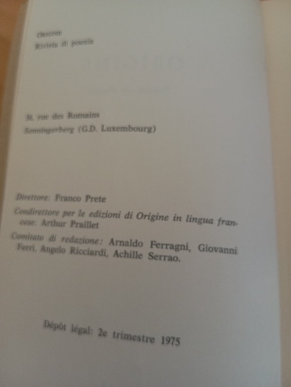 Origine, rivista di poesia, numero 1, aprile 1975