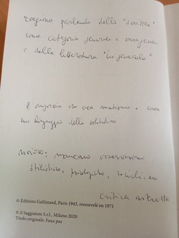 Passi falsi, Maurice Blanchot, Il Saggiatore, 2020, sottolineato