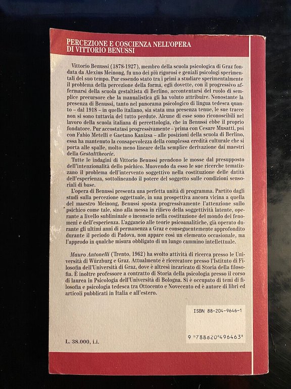 Percezione e coscienza nell'opera di Vittorio Benussi, Mauro Antonelli, 1996