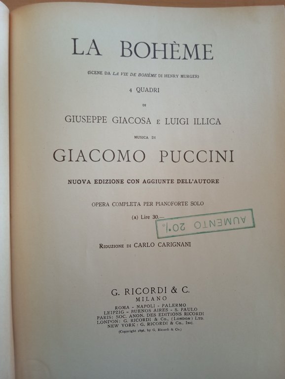 Puccini, La Boheme, spartito pianoforte solo, rllegato, Ricordi, 1920 | Immagine Gallery 6