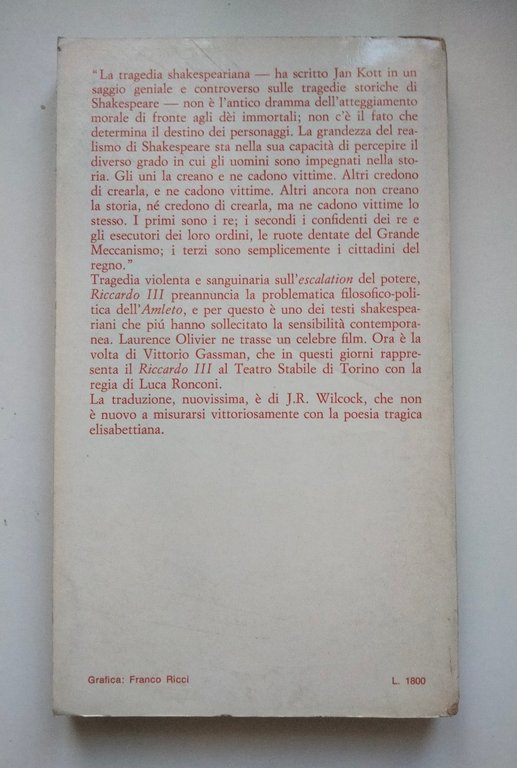 Riccardo III. W. Shakespeare, Tradotto da J. r. Wilcock, Bompiani, …