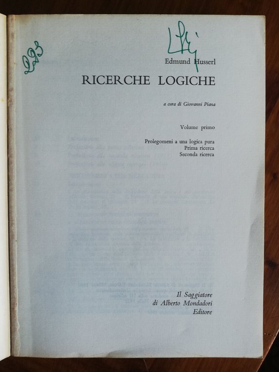 Ricerche logiche Vol. 1, Edmund Husserl, 1968, Il saggiatore, 1à …