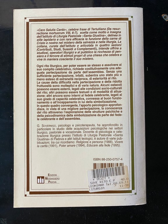 Rito e persona, Giuseppe Sovernigo, Edizioni Messaggero Padova, 1998