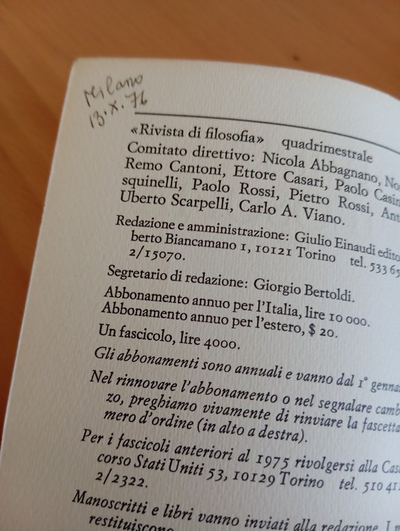 Rivista di filosofia, 3, ottobre 1975, Einaudi