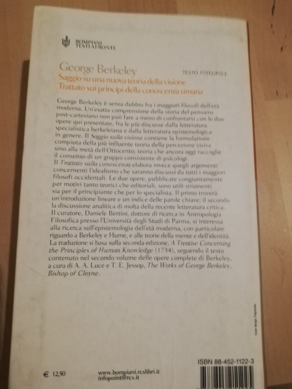 Saggio su una nuova teoria della visione, George Berkeley, Bompiani, …