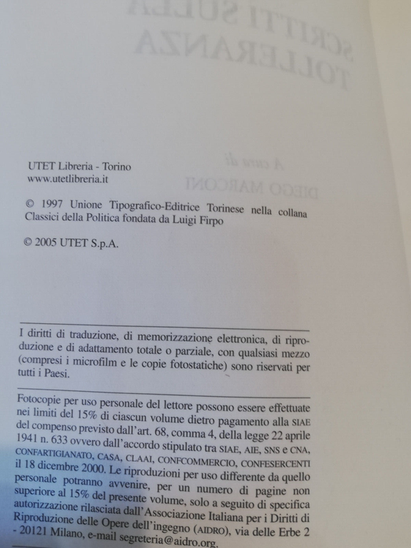 Scritti sulla tolleranza, John Locke, UTET, 2005