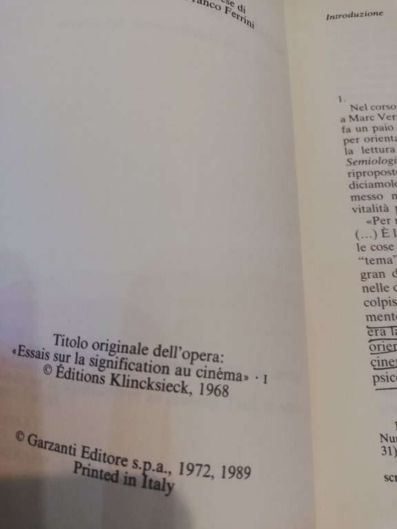 Semiologia del cinema, Christian Metz, Garzanti, 1989