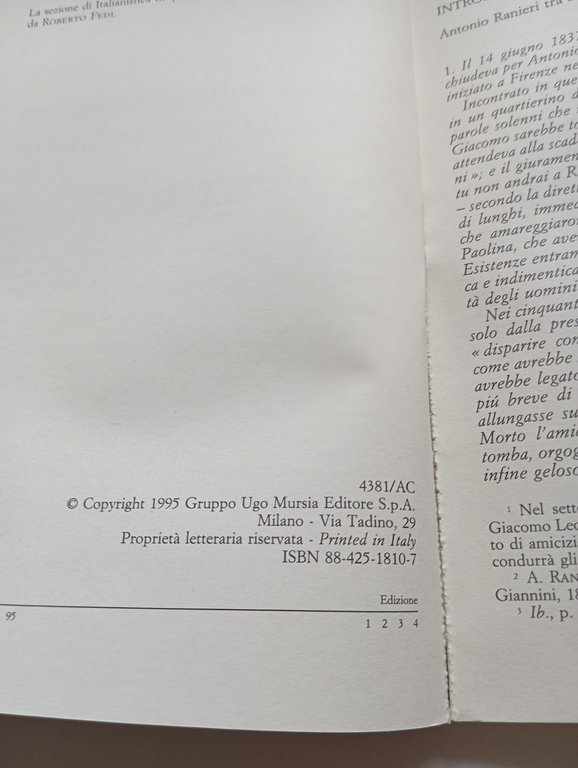 Sette anni di sodalizio con Giacomo Leopardi, Antonio Ranieri, Mursia, …