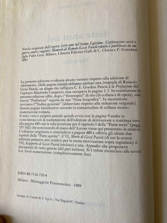 Sette anni nel Sudan Egiziano, Romolo Gessi, Messaggerie Pontremolesi, 1989