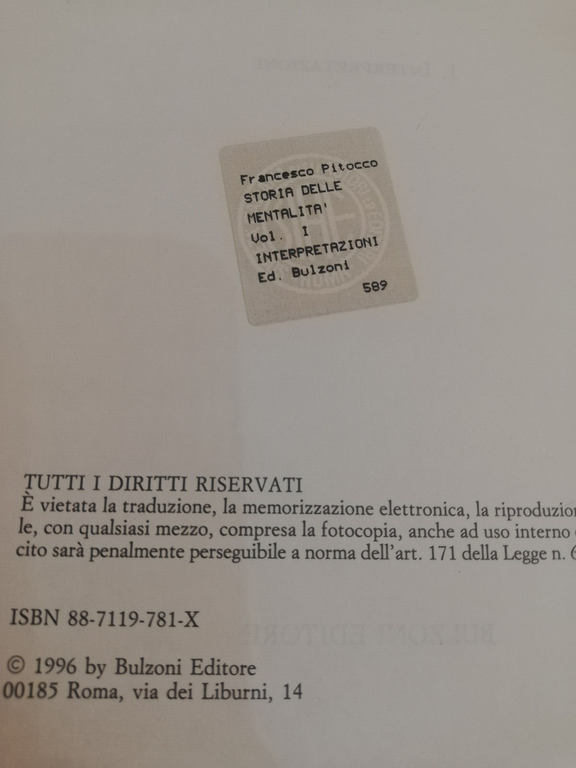 Storia delle mentalità volume 1 Interpretazioni, Francesco Pitocco, Bulzoni 1996