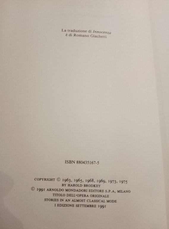 Storie in modo quasi classico, Harold Brodkey, Mondadori, 1991, prima …