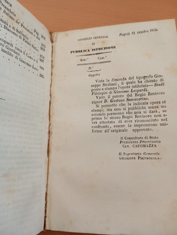 Studi filologici volume terzo, Giacomo Leopardi, Ordinate da Pellegrini, 1855