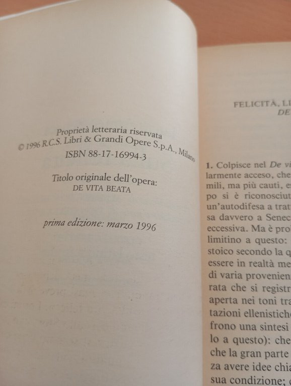 Sulla felicità, Lucio Anneo Seneca, Rizzoli BUR, 1996