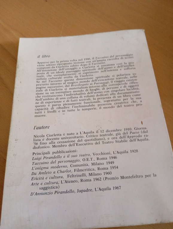 Taccuino del personaggio, Nicola Ciarletta, Teatro Stabile dell'Aquila, 1969