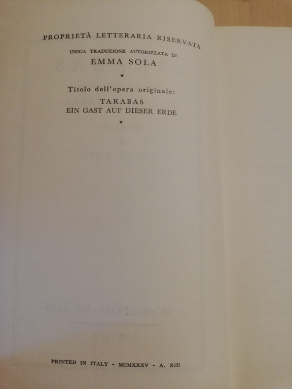 Tarabas, Joseph Roth, 1935, Mondadori, prima edizione, perfetto!