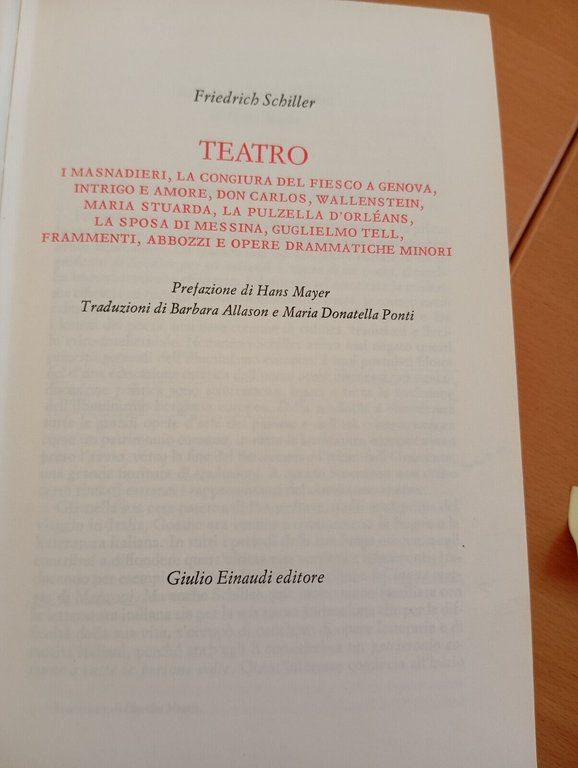 Teatro, Friedrich Schiller, Einaudi Millenni, 1969