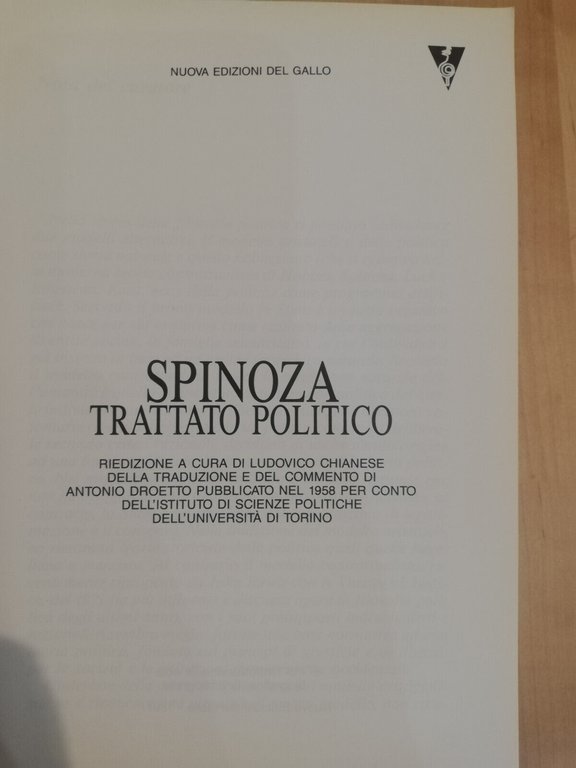 Trattato politico, Spinoza, Ludovico Chianese (a cura), Edizione del gallo, …