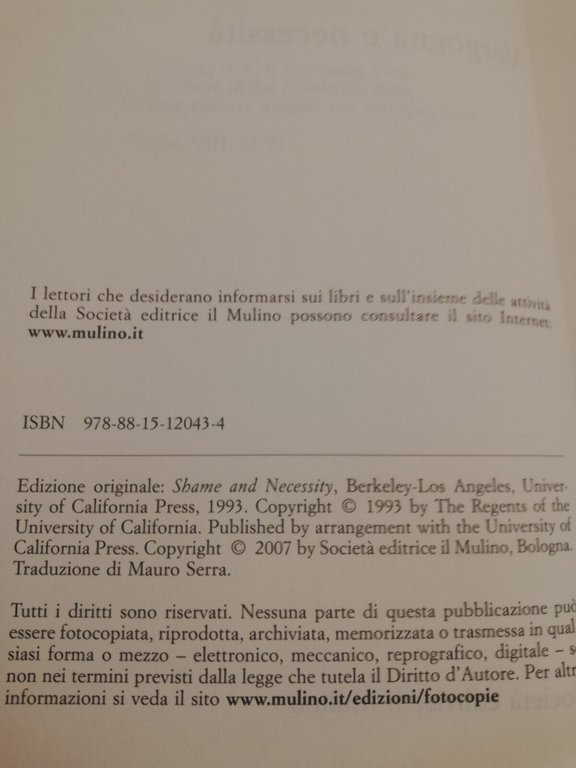 Vergogna e necessità, Bernard Williams, 2007, il Mulino