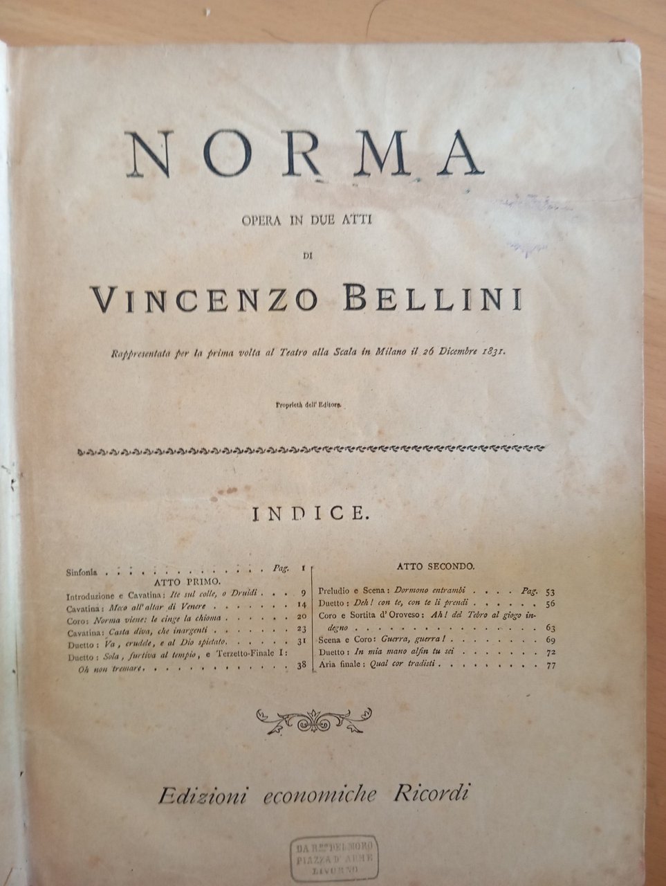 Vincenzo Bellini, Norma, spartito pianoforte, rllegato, Ricordi, 1880? | Immagine principale