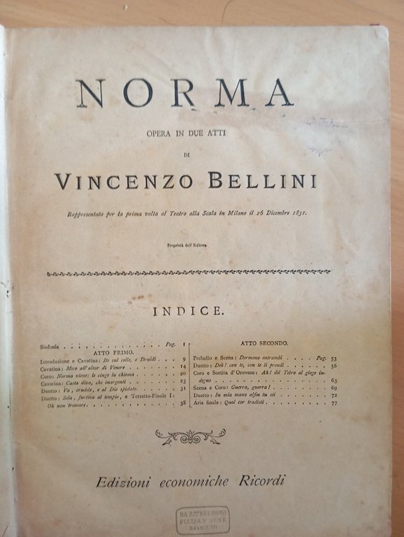 Vincenzo Bellini, Norma, spartito pianoforte, rllegato, Ricordi, 1880? | Immagine Gallery 1