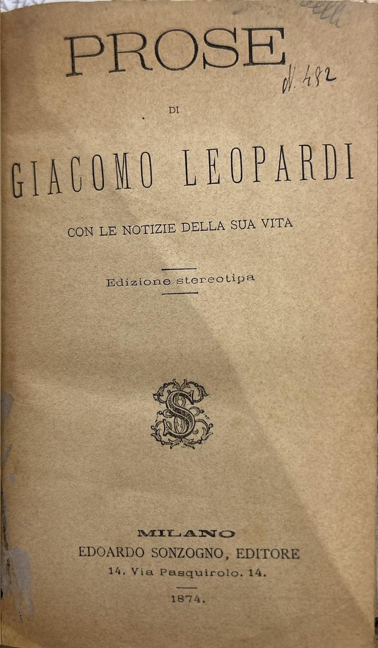 Prose di Giacomo Leopardi con le notizie della sua vita | Immagine principale