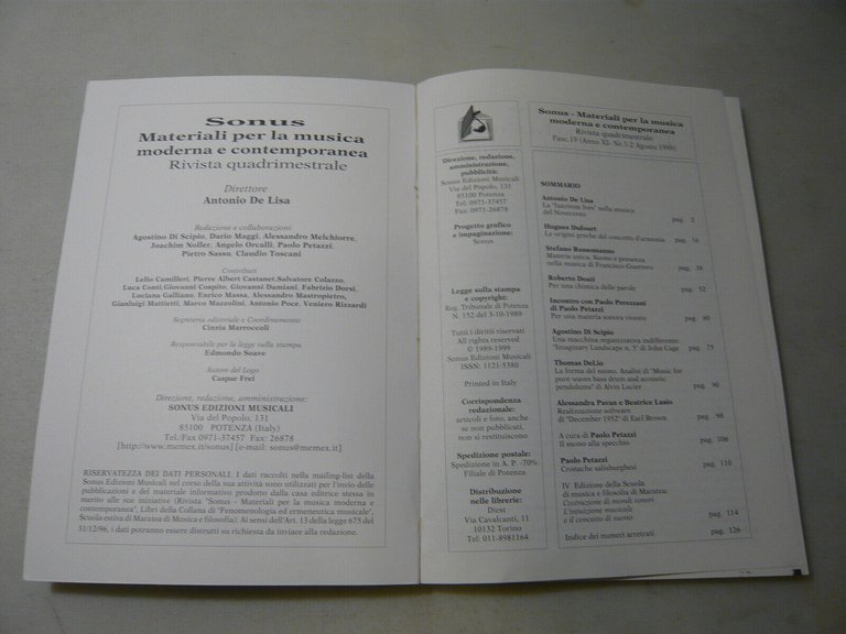 AA.VV.,SONUS 19-XI-1/2,Potenza,1999[rivista musicale