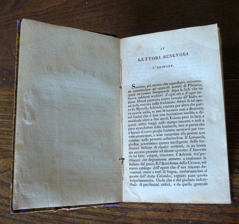 ALCUNI OPUSCOLI MORALI DI PLUTARCO VOLGARIZZATI DA MARCELLO ADRIANI,1847 Venezia