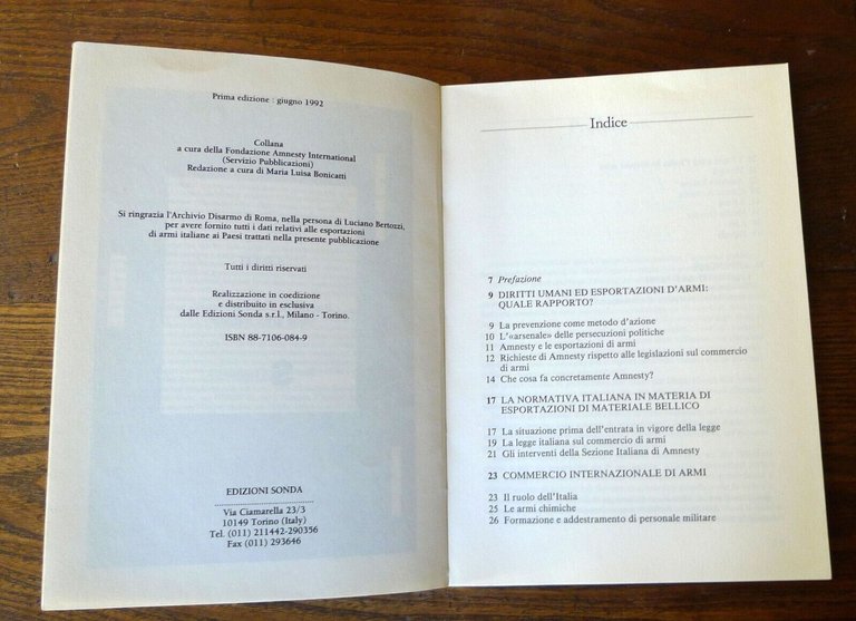 AMNESTY INTERNATIONAL,ARMI.RAPPORTO SUL COMMERCIO DELLE ARMI ITALIANE,1992 Sonda