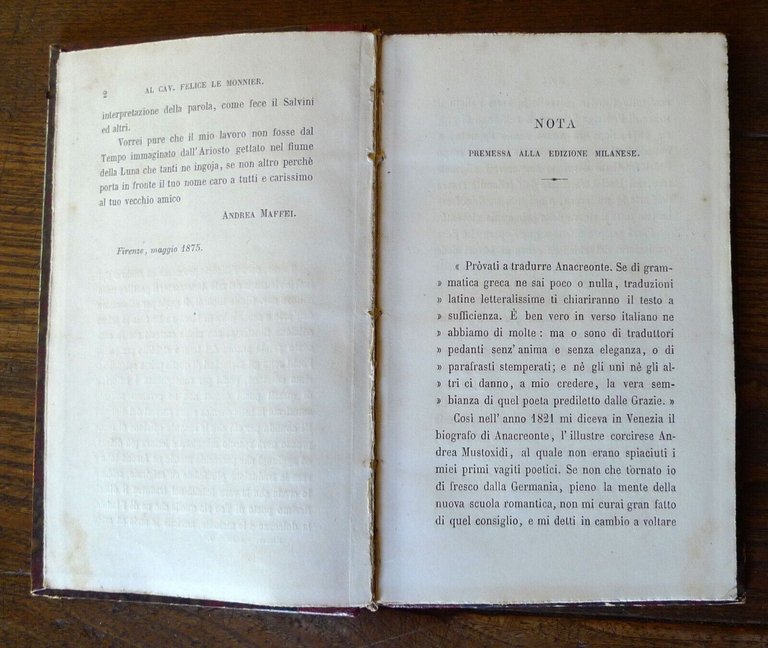 ANACREONTE,ODI.TRAD.ANDREA MAFFEI,1875 Le Monnier[POESIA GRECA ANTICA