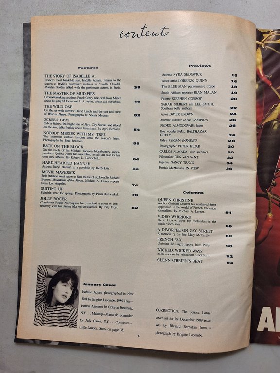 ANDY WARHOL INTERVIEW MAGAZINE,January 1990 - ISABELLE ADJANI | Immagine Gallery 2