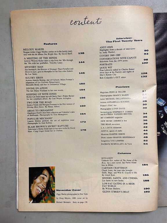 ANDY WARHOL INTERVIEW MAGAZINE,November 1989- ZIGGY MARLEY | Immagine Gallery 2