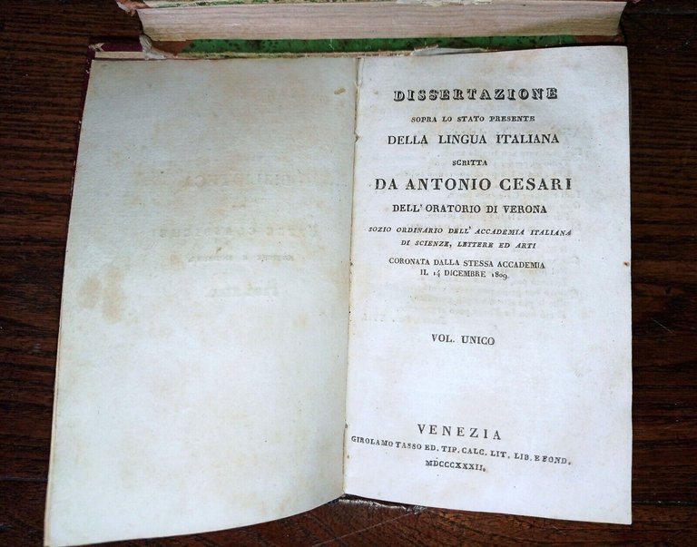 ANTONIO CESARI,DISSERTAZIONE SOPRA LO STATO PRESENTE DELLA LINGUA ITALIANA,1832