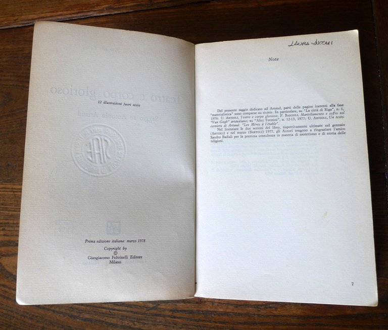 Artioli/Bartoli,TEATRO E CORPO GLORIOSO.Saggio su Antonin Artaud,'78 Feltrinelli