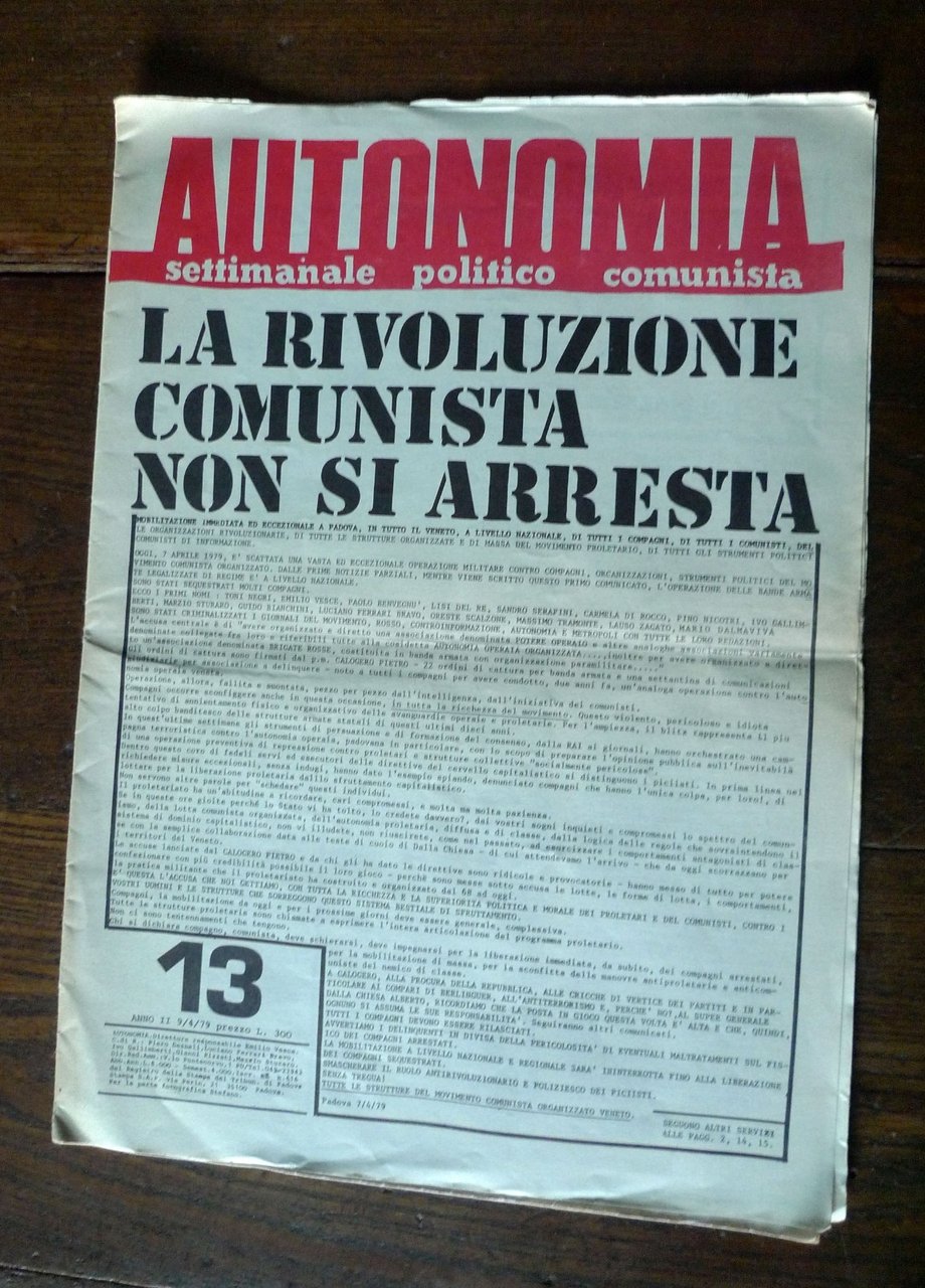 AUTONOMIA.SETTIMANALE POLITICO COMUNISTA Anno II n.13 1979[Padova,Vesce,operaia