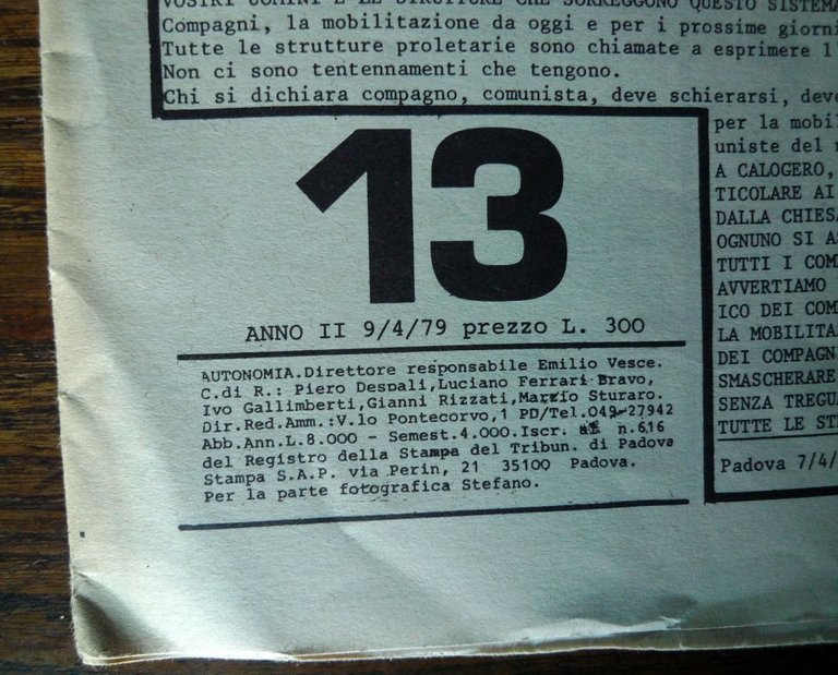 AUTONOMIA.SETTIMANALE POLITICO COMUNISTA Anno II n.13 1979[Padova,Vesce,operaia