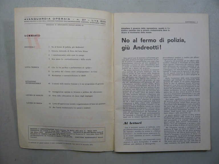 AVANGUARDIA OPERAIA.Mensile politico..., 27-1972 | Immagine Gallery 2