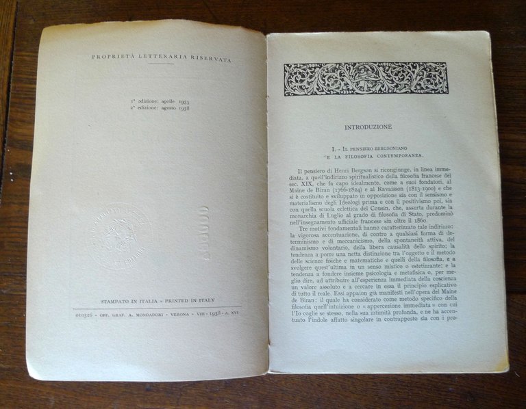 Bergson,L'EVOLUZIONE CREATRICE,1938 Mondadori II ed.[FILOSOFA,BANFI