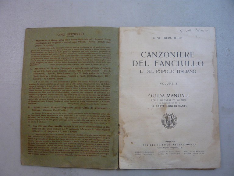 Bernocco,CANZONIERE DEL FANCIULLO .Guida-Manuale per i maestri di musica,1930