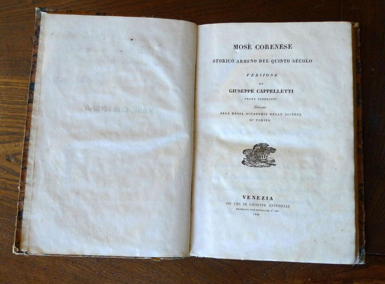CAPPELLETTI,MOSÈ CORENESE STORICO ARMENO DEL V SEC.1841 Antonelli[STORIA ARMENIA